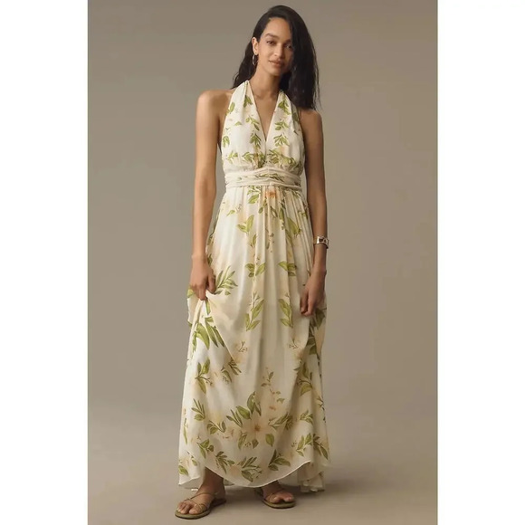 NWT Farm Rio Anthropologie V-Neck Floral Chiffon Maxi Dress Sz L Neutral #9F416 - Picture 1 of 13